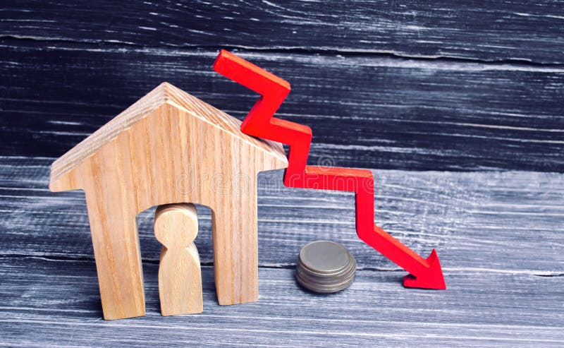 Una disminución en precios de la propiedad disminución de la población interés descendente en la hipoteca reducción en la demanda imagen de archivo libre de regalías Una disminución en precios de la propiedad disminución de la población interés descendente en la hipoteca reducción en la demanda imagen de archivo libre de regalías
