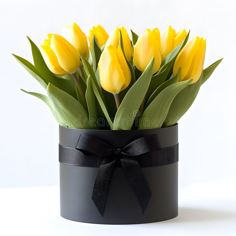 Una disposizione sbalorditiva di tulipani gialli brillanti appare in una scatola nera slanciata ornata da un arco nero. fotografia stock libera da diritti