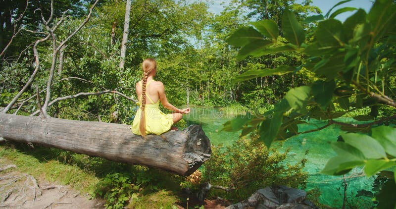 Una donna medita su un log sopra il lago il giorno estivo nel parco nazionale PlitVice Croazia video d archivio