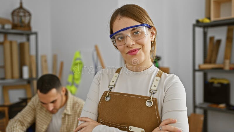 Una donna sicura di sé e un uomo focalizzato, sia in occhiali di sicurezza che in grembiule, collaborano in un vivace laboratorio fotografia stock