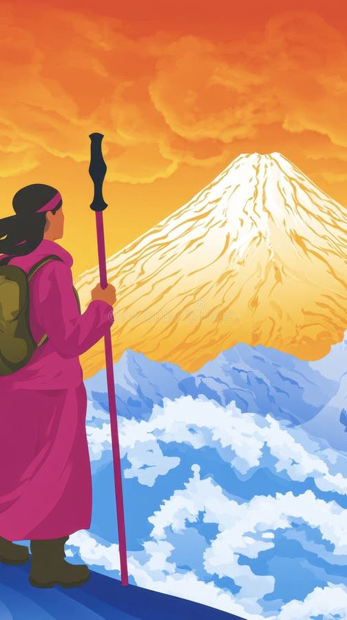 Una donna sta su una montagna con uno zaino e un palo royalty illustrazione gratis