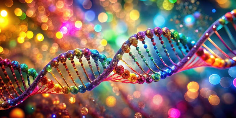 Una doppia elica arcobaleno scintillante di codice genetico su sfondo sfuocato. Generative AI illustrazione vettoriale