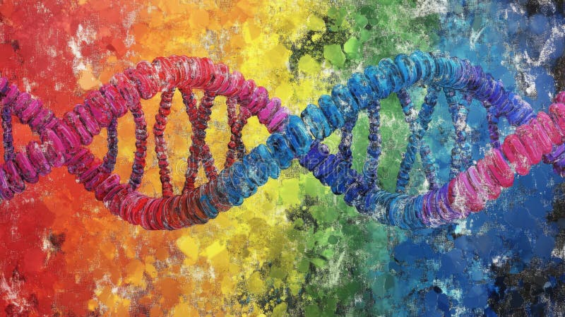 Una doppia elica dna colorata in quadricromia su uno sfondo a dispersione illustrazione vettoriale