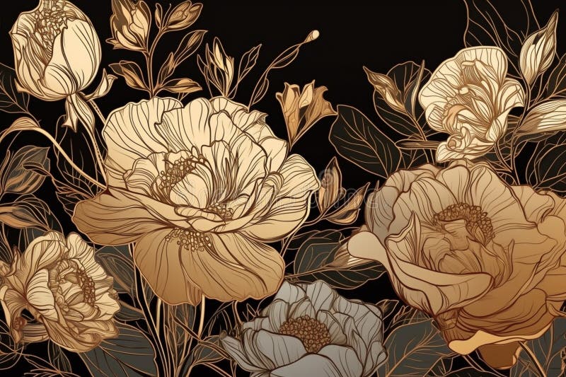 Una elegante y lujosa ilustración con un fondo de flores doradas hechas de delgadas líneas doradas sobre un fondo oscuro
