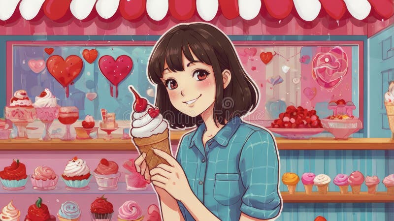 Una encantadora animadora sosteniendo un helado del día de San Valentín en una dulzura stock de ilustración