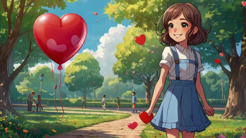Una encantadora anime celebra el día de San Valentín con corazones y globos en un parque stock de ilustración