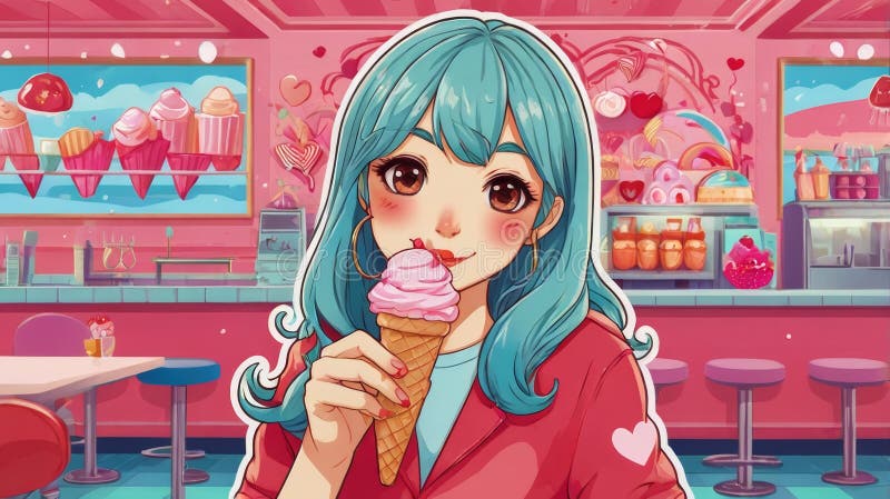 Una encantadora anime que disfruta de una dulce delicia en un encantador café con tema del día de San Valentín stock de ilustración