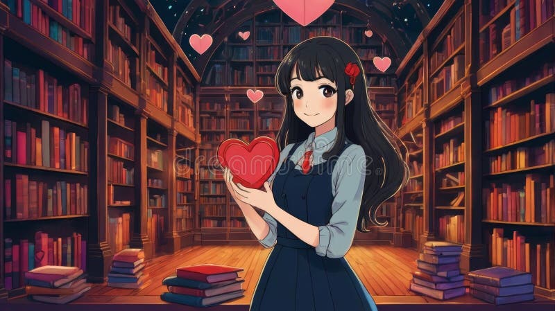 Una encantadora anime sostiene un corazón en una biblioteca mágica el día de San Valentín libre illustration