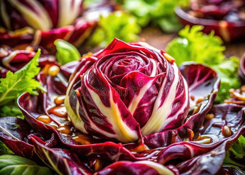 Una ensalada de Radicchio vibrante y deliciosa con fotografía de un experto en Glaze Balsámico que demuestra la regla de los trein libre illustration