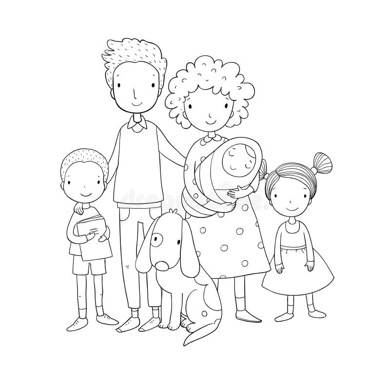 Una Familia Feliz Padres Con Los Ninos Papa Mama Hija Hijo Y Bebe Lindos De La Historieta Ilustracion Del Vector Ilustracion De Tarjeta Retrato