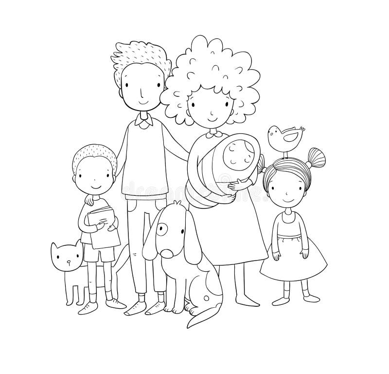 Una Familia Feliz Padres Con Los Ninos Papa Mama Hija Hijo Y Bebe Lindos De La Historieta Ilustracion Del Vector Ilustracion De Retrato Gente