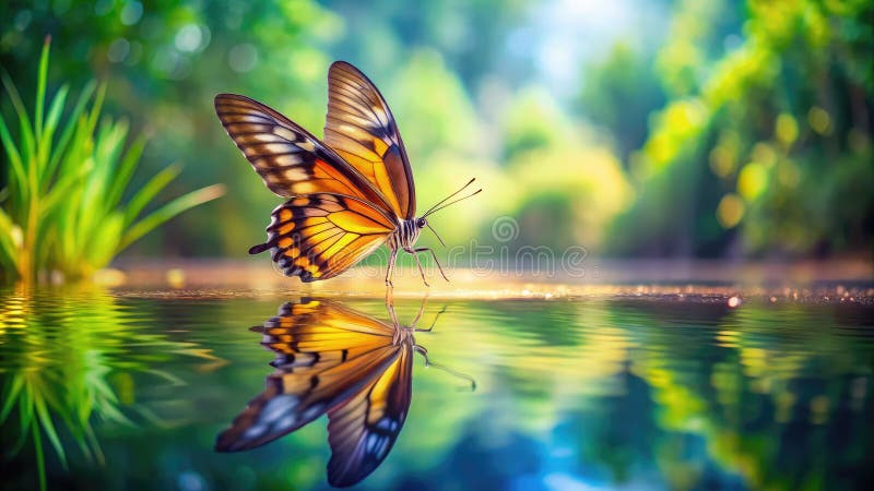 Una farfalla brillante come un sogno si riflette nell'arte di stagno con esposizione a lungo raggio catturata con l'aria illustrazione vettoriale