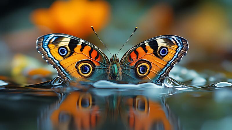 Una farfalla colorata con motivi intricati poggia sulla superficie di uno stagno fermo la sua riflessione creando una simmetria in illustrazione di stock