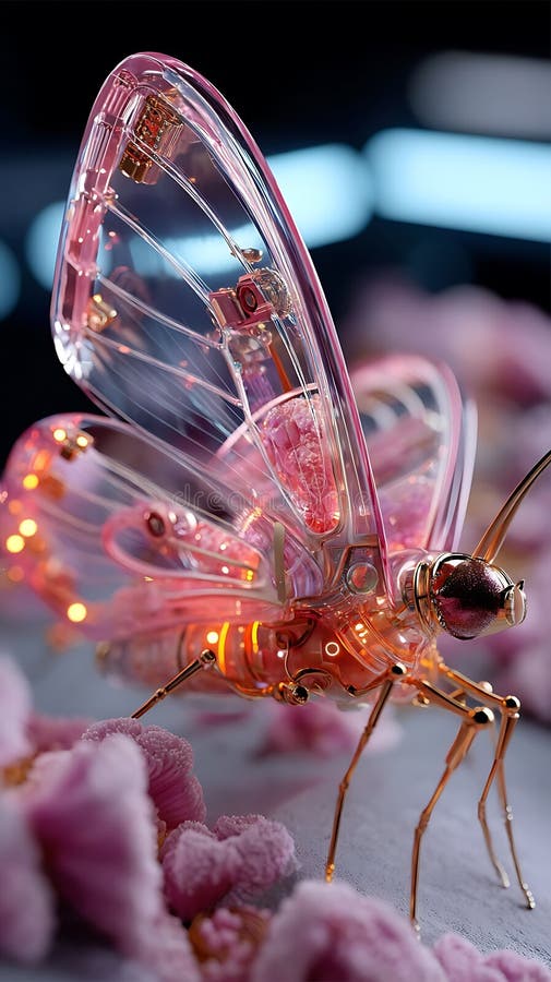 Una farfalla robotica con ali trasparenti e una tonalità rosa e arancione vivida illustrazione di stock