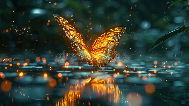 Una farfalla splendente si solleva sopra uno stagno con luci scintillanti che creano una scena magica ed eterea illustrazione di stock