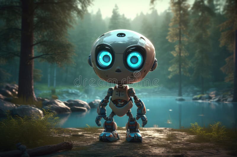 In una favolosa terra di meraviglia un bel robot da cartone animato dà un grande sguardo di pietanza ad un lago splendente nella f illustrazione vettoriale