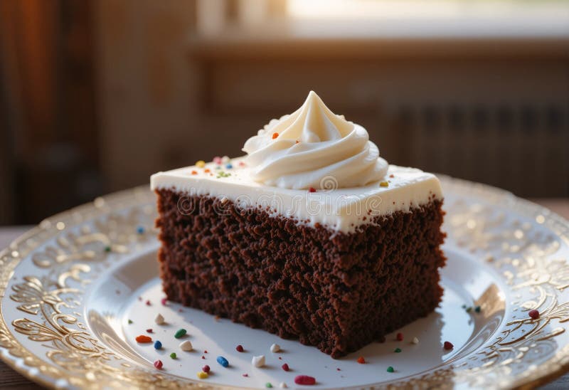 Una fetta di torta al cioccolato con una glassa bianca e spruzzate sopra illustrazione di stock