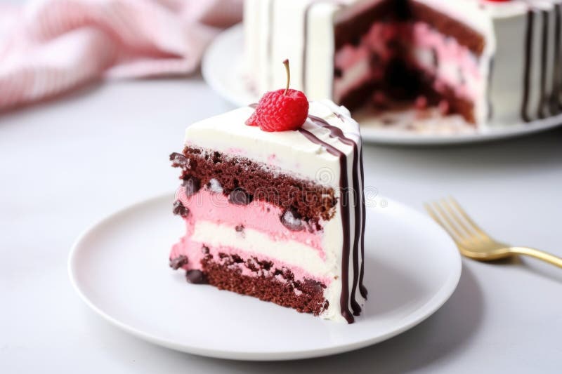 Una fetta di torta al gelato su un piatto bianco fotografia stock