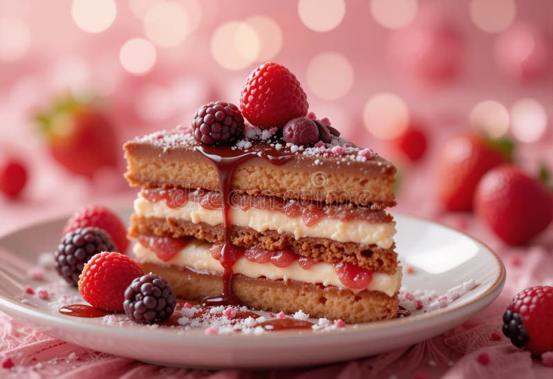 Una fetta di torta con fragole e lamponi sopra illustrazione vettoriale
