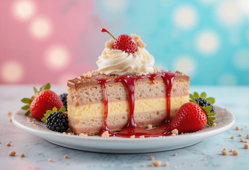 Una fetta di torta con panna montata e fragole in cima royalty illustrazione gratis