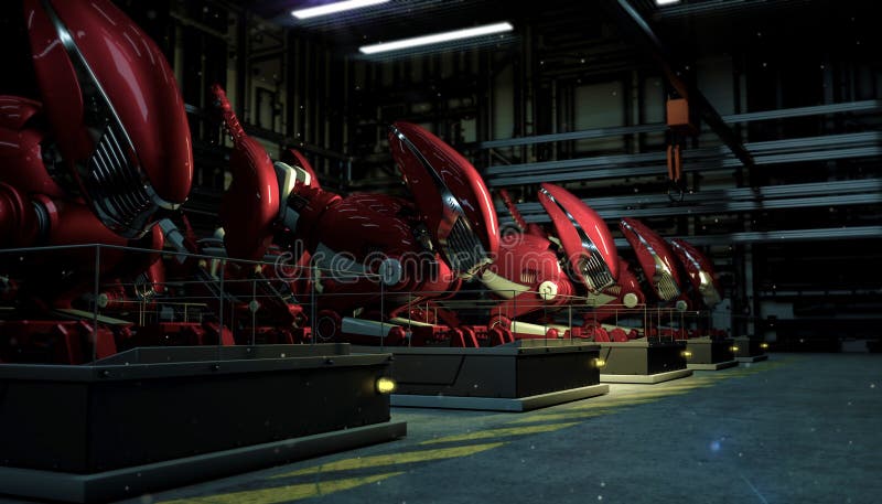 Una fila de la serie de robots rojos grandes en la fuerza de un polvillo radiactivo en pedestales en la planta de producción en l stock de ilustración Una fila de la serie de robots rojos grandes en la fuerza de un polvillo radiactivo en pedestales en la planta de producción en l stock de ilustración