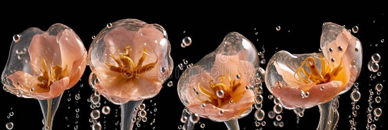 Una fila di fiori incapsulati in goccioline d'acqua su uno sfondo scuro che ne sottolinea la delicata bellezza royalty illustrazione gratis