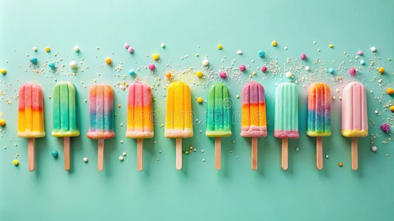Una fila di ghiaccioli d'arcobaleno vibranti decorati con spruzzature colorate su uno sfondo verde pastello. Generative AI royalty illustrazione gratis