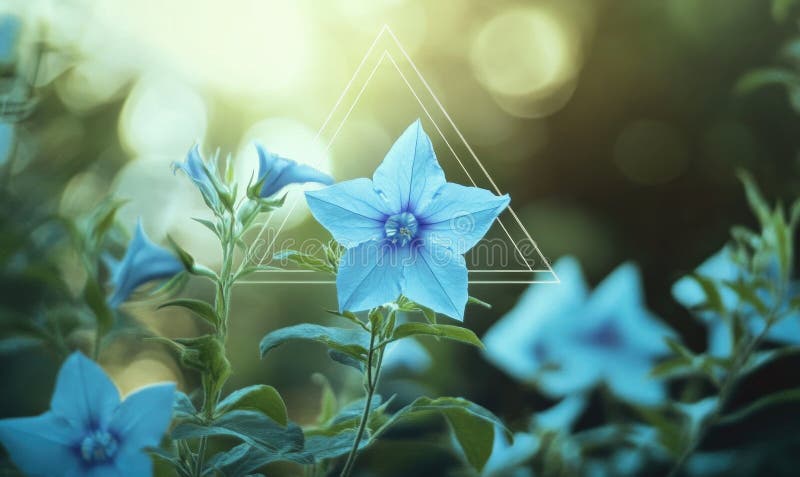 Una flor azul con un triángulo en el centro. la flor está rodeada de hojas verdes