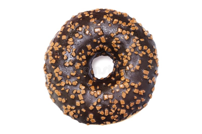 Una foto da sopra della ciambella lustrata del singolo cioccolato con spruzza il fondo bianco isolato Foto sopraelevata della cia fotografia stock Una foto da sopra della ciambella lustrata del singolo cioccolato con spruzza il fondo bianco isolato Foto sopraelevata della cia fotografia stock