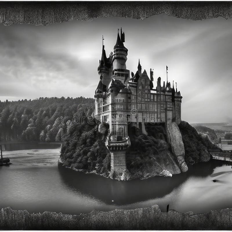 This black and white photo captures the detailed architecture of a castle against a contrasting background. AI generated. This black and white photo captures the detailed architecture of a castle against a contrasting background. AI generated