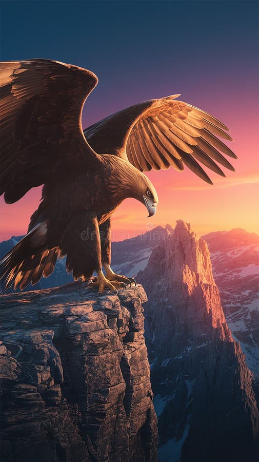 Una fotografía cinematográfica de un águila dorada encaramada en el borde del acantilado mientras el sol sale. stock de ilustración