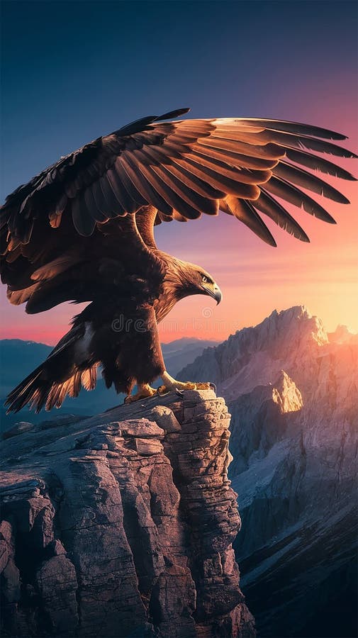 Una fotografía cinematográfica de un águila dorada encaramada en el borde del acantilado mientras el sol sale. stock de ilustración