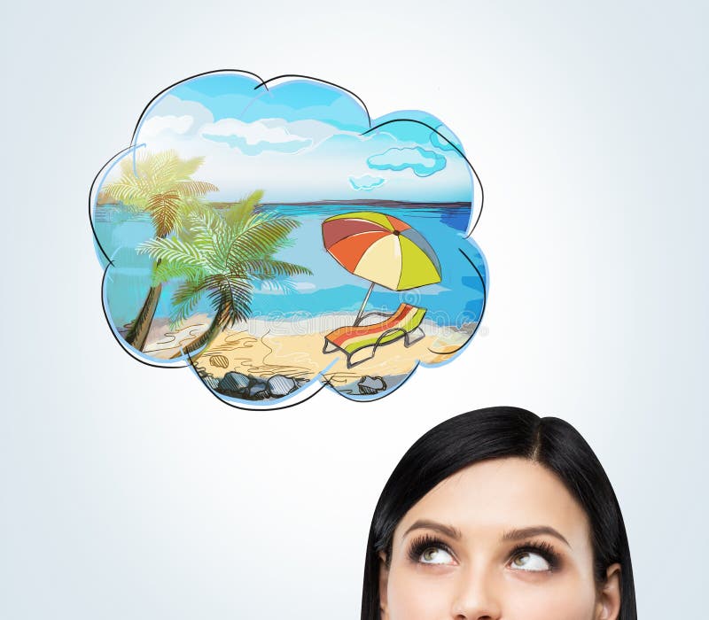 Una fronte di una donna castana che sogna delle vacanze estive sulla spiaggia Un posto piacevole dell'estate è assorbito la bolla immagini stock Una fronte di una donna castana che sogna delle vacanze estive sulla spiaggia Un posto piacevole dell'estate è assorbito la bolla immagini stock