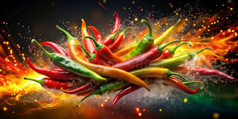Una fuerte explosión de coloridos pimientos en movimiento. IA generativa ilustración del vector