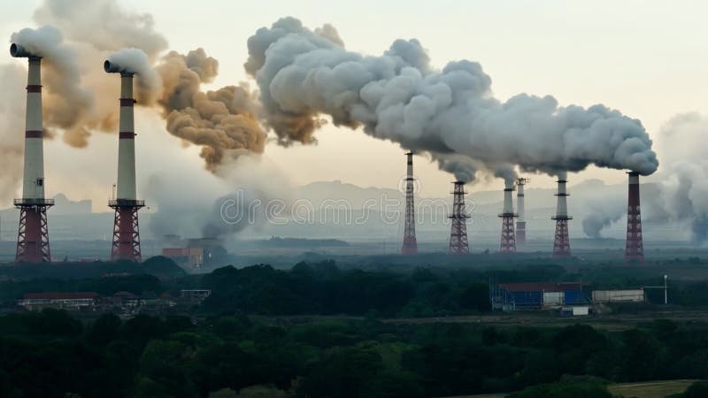Una fábrica arranca gruesas columnas de humo del calentamiento global. ai generativo libre illustration