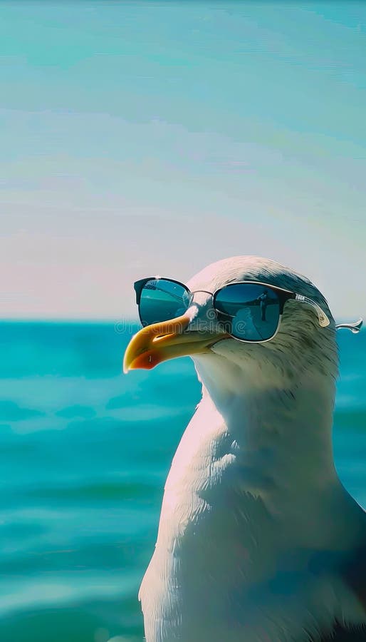 Una gaviota con gafas de sol al borde de un acantilado que domina el océano fotografía de archivo libre de regalías