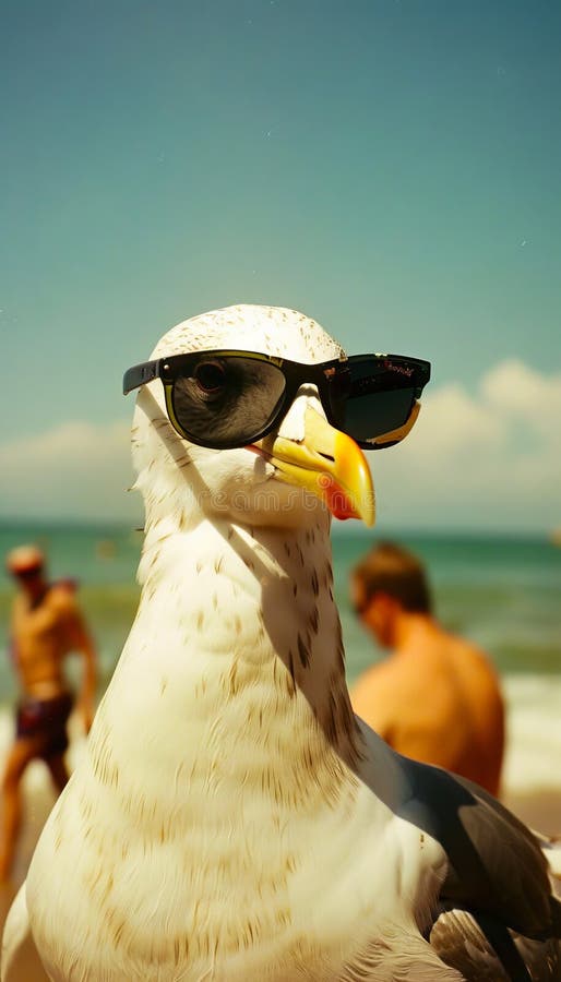 Una gaviota con gafas de sol en la playa con gente en segundo plano fotografía de archivo libre de regalías