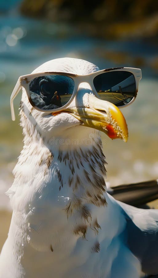 Una gaviota con gafas de sol sentada en una playa al lado del océano fotografía de archivo