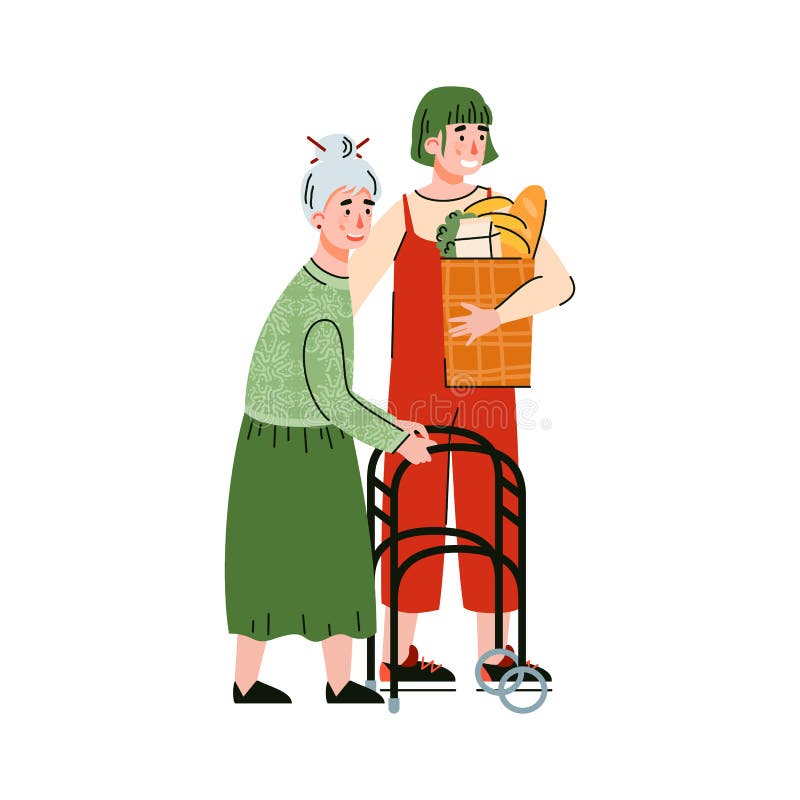 Young woman helping to elderly lady with shopping. Volunteer services of elderly persons supporting, flat cartoon vector illustration isolated on white background. Young woman helping to elderly lady with shopping. Volunteer services of elderly persons supporting, flat cartoon vector illustration isolated on white background.