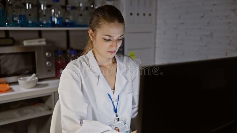 Una giovane donna concentrata in un camice bianco da laboratorio che lavora al computer in un laboratorio di ricerca immagine stock libera da diritti