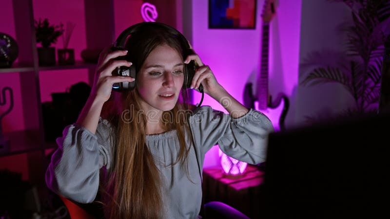 Una giovane donna indossa cuffie in una stanza da gioco illuminata di notte immagini stock