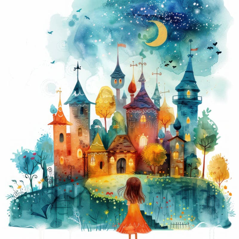 Una giovane ragazza guarda su un bizzarro castello colorato illuminato dalla luce della luna e dalle stelle fotografia stock