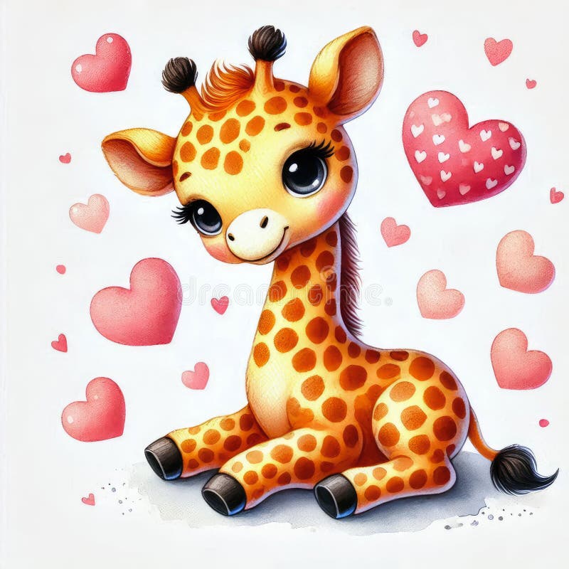 Una giraffa per bambini in stile cartone animato con grandi occhi espressivi e un sorriso cordiale con cuori rossi illustrazione vettoriale