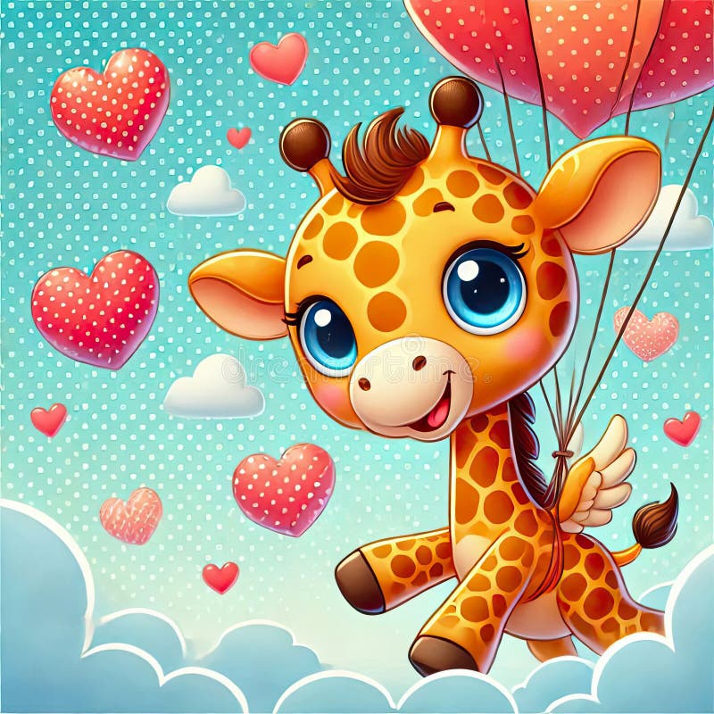 Una giraffa per bambini in stile cartone animato con grandi occhi espressivi e un sorriso cordiale con cuori rossi royalty illustrazione gratis