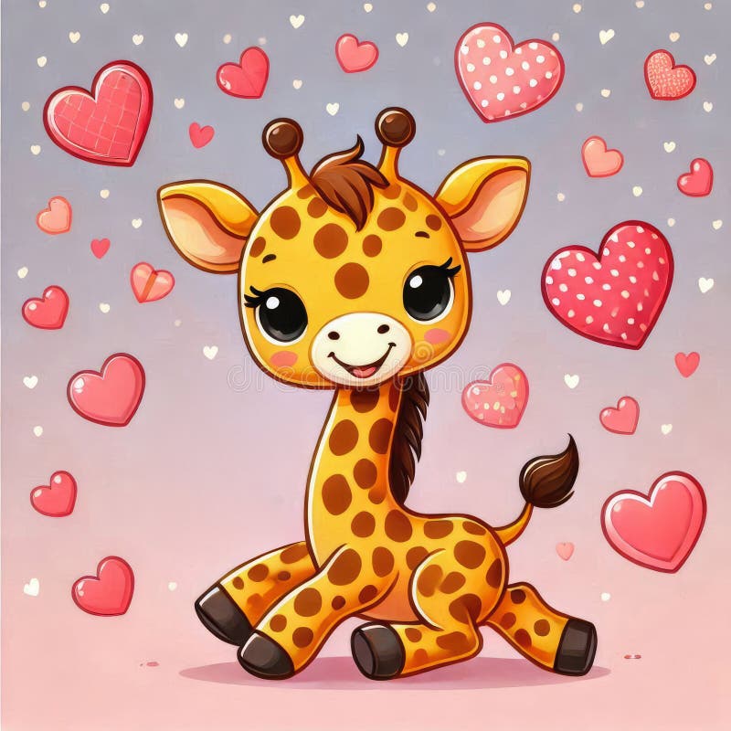 Una giraffa per bambini in stile cartone animato con grandi occhi espressivi e un sorriso cordiale con cuori rossi illustrazione vettoriale