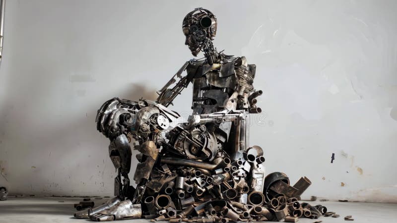 Una gran escultura de metal que representa dos figuras humanas abstractas de varios metales de chatarra haciendo hincapié en el ar ilustración del vector