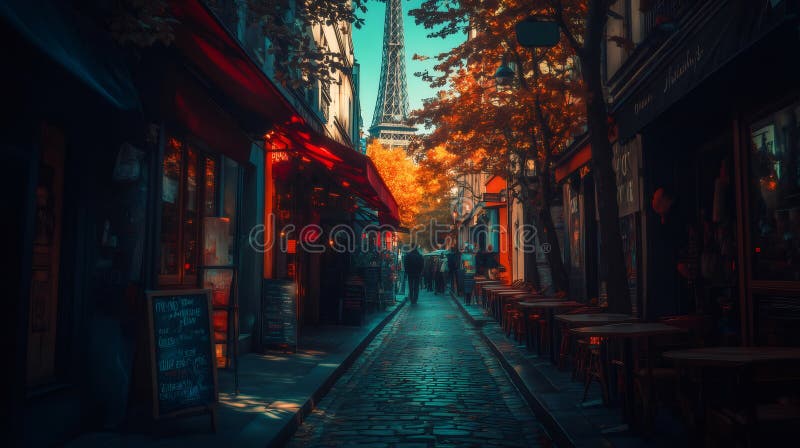 Una graziosa strada parigina con dei caffè accoglienti che portano alla Torre Eiffel in autunno. Gente che gira lungo una pittoresca strada parigina, in fila con bellissimi caffè e un vivace fogliame autunnale con la Torre Eiffel che si alza in sottofondo