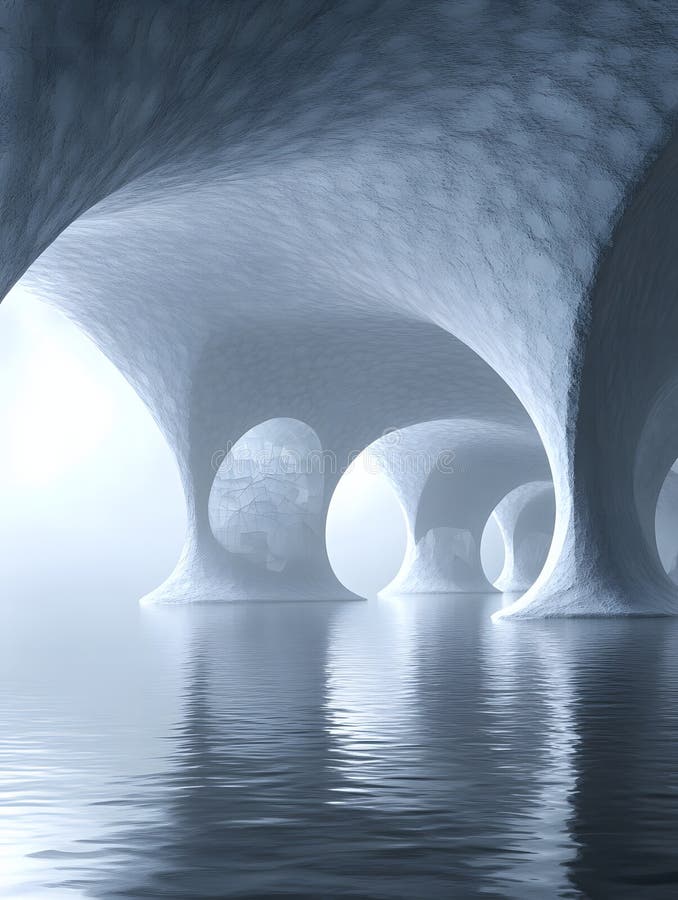 Una grotta surreale con riflessi d'acqua e archi di pietra lisci in un'atmosfera eritica brillante royalty illustrazione gratis
