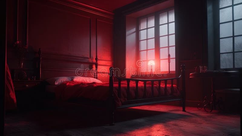 Una Habitación Oscura Con Una Cama Y Una Luz Roja Que Brilla a Través De La Ventana Stock de ilustración - Ilustración estilo, apartamento: 276984491