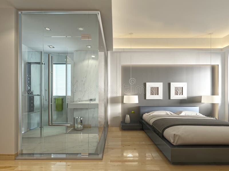 Una habitación de lujo en un diseño contemporáneo con el cuarto de baño de cristal